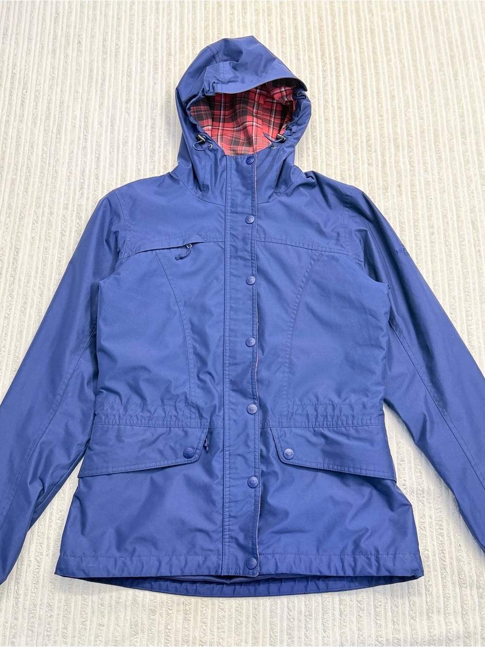 The North Face Women’s Blue Plaid Lined Hooded Outdoor Rain Jacket
